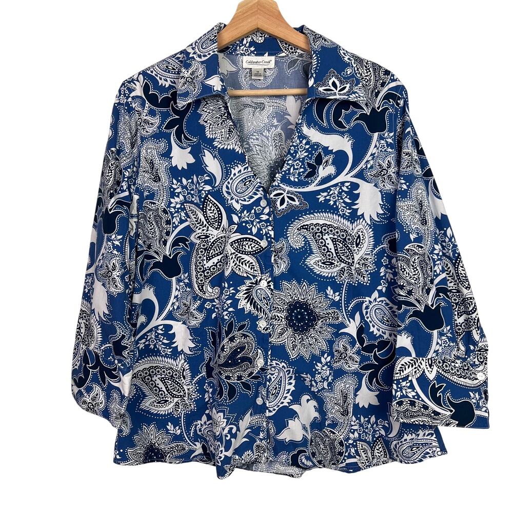 Coldwater Creek Womens Sz 1X Paisley Floral Blue White 3/4 Sleeve‎ Button Up Top